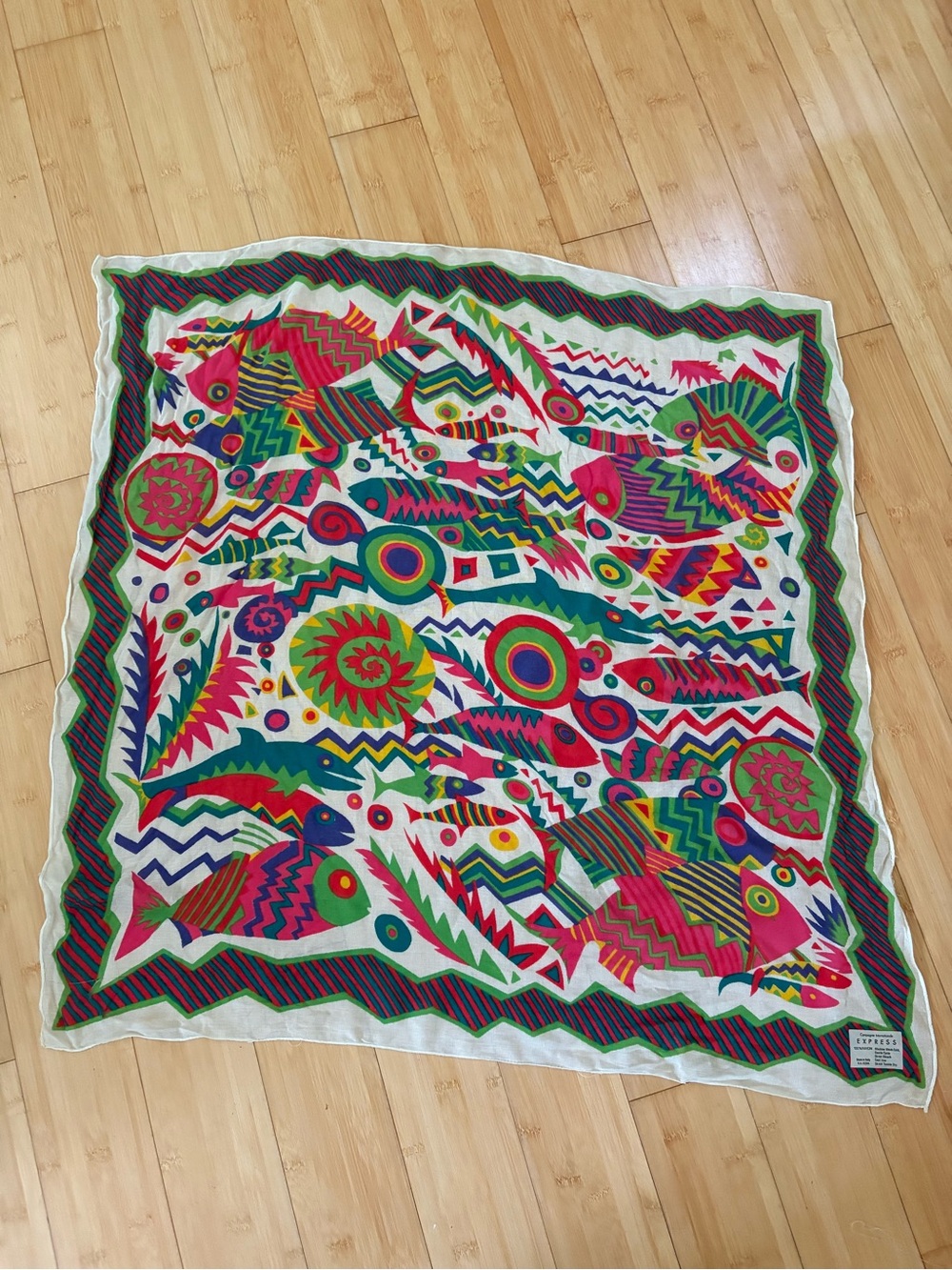 Vibrant Multicolor Geometric Fish Print Scarf - White Base